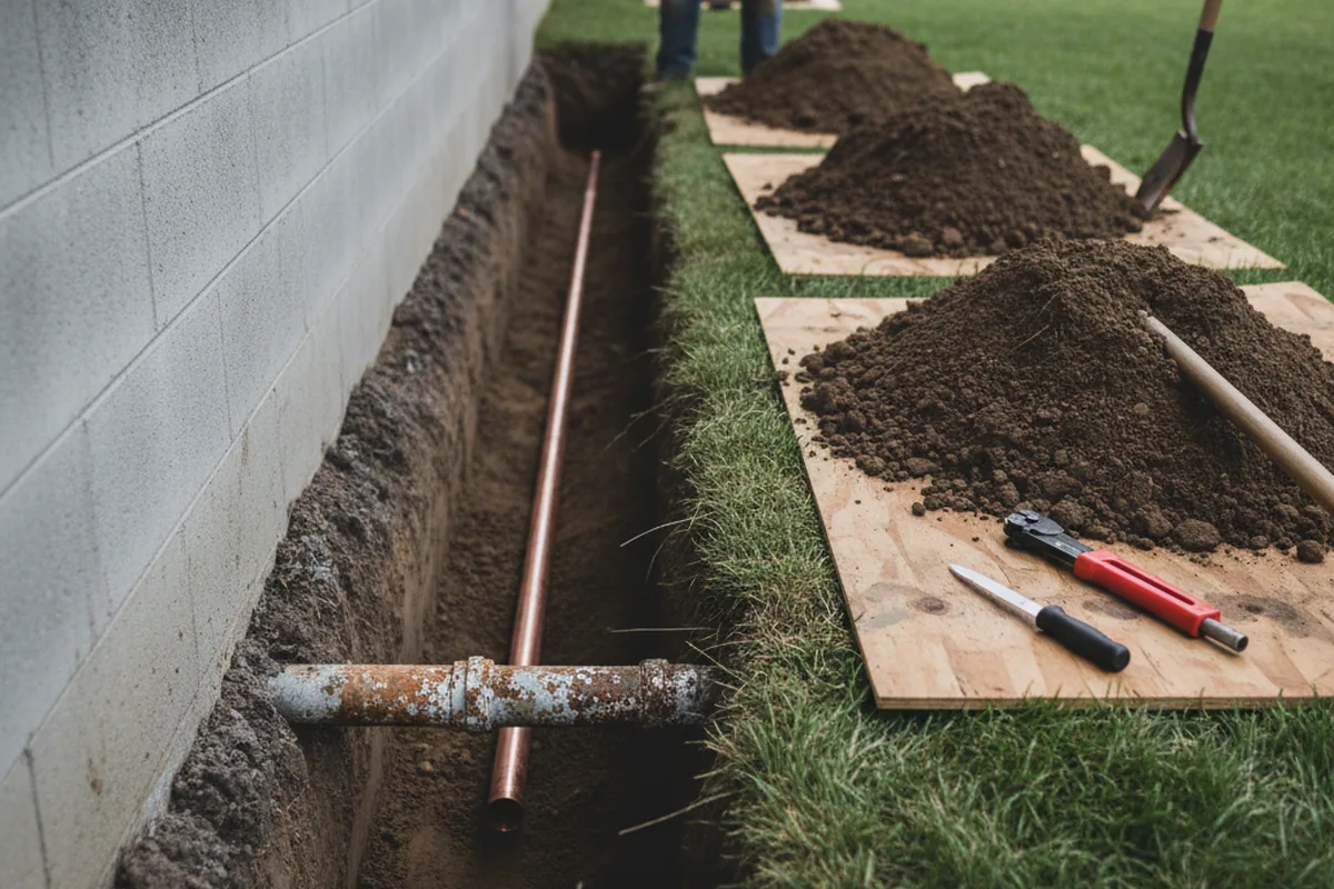 Excavated water line trench during Sewer Line Repair in Lebanon